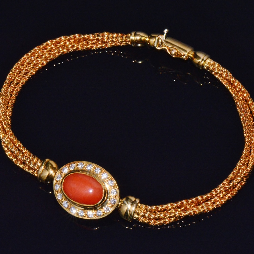 DESIGNER ITALIAN NATURAL MEDITERRANEAN CORAL DIAMOND 18K SOLID GOLD BRACELET